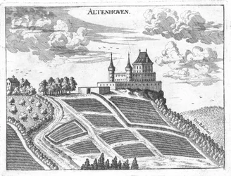 Radierung, Ansicht des Schlosses Altenhof, Oberösterreich
